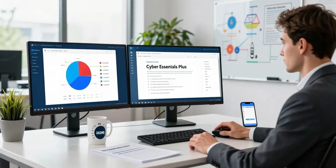 Cyber Essentials Plus cost overview with cybersecurity analyst demonstrating compliance dashboard and audit preparation in a modern office.