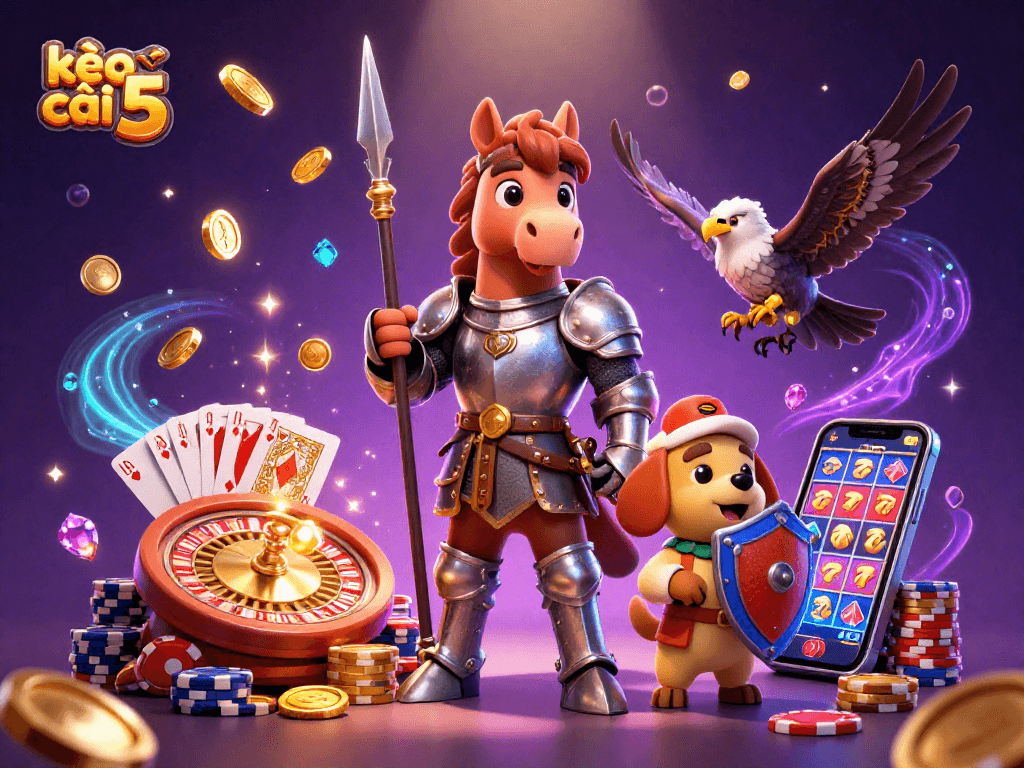 Kèo nhà cái 5 showcases a vibrant medieval knight and characters in a casino scene filled with coins, cards, and excitement.