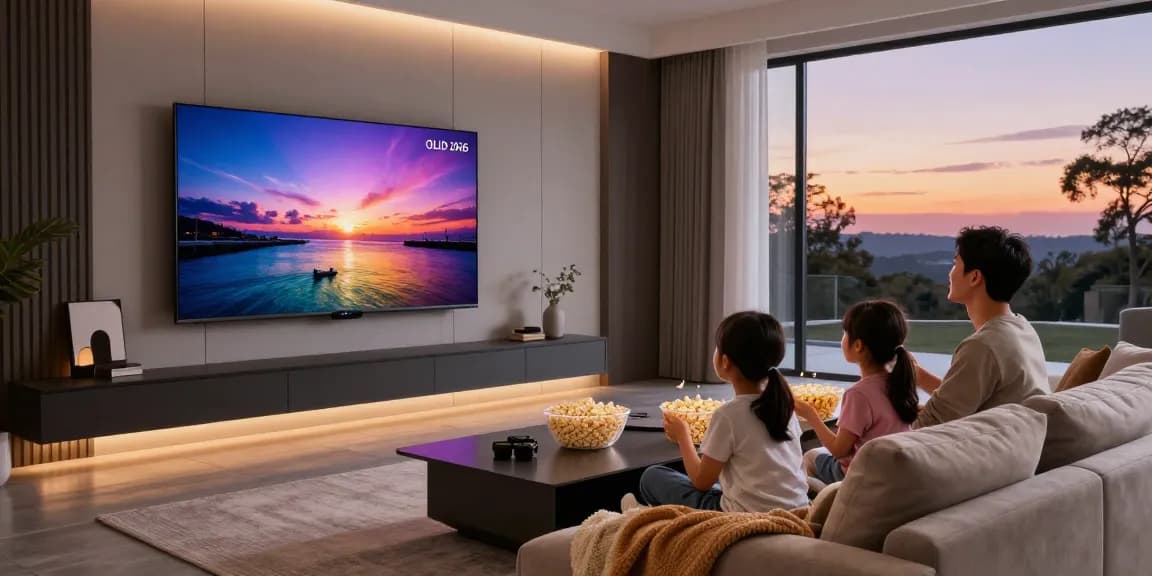 Family enjoying a movie on the OLED TV 2026 in a stylish living room setting.