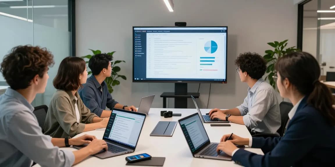 Team collaborating using WhatsApp網頁版 on various devices in a modern office setting.