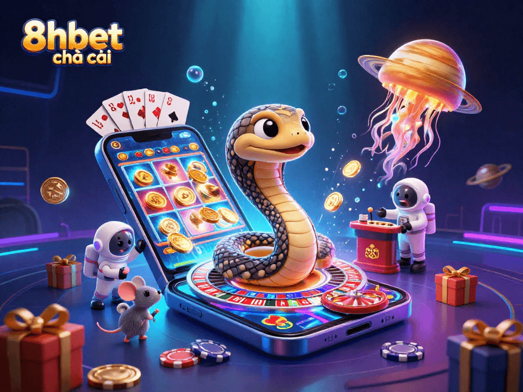 Experience thrilling gameplay at 8xbet nhà cái with cosmic gambling elements featuring snakes and astronaut mice.