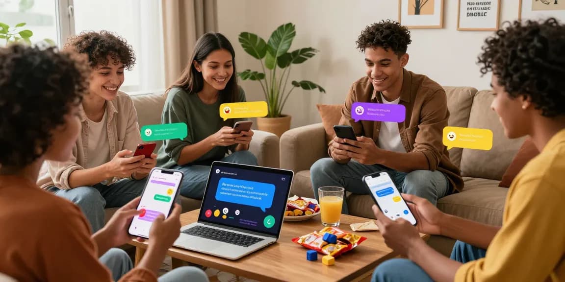 Users engaging in vibrant spicychat conversations on mobile devices in a cozy home setting.