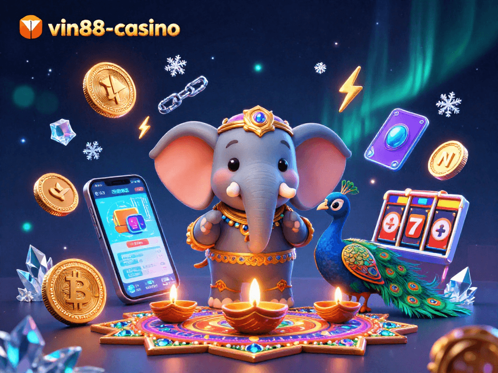 Join the fun at vin88-casino with vibrant slots and crypto themes in this dynamic 3D scene.