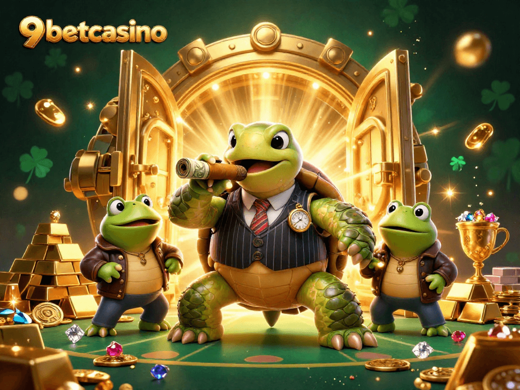 Engage with 9betcasino's vibrant 3D casino scene featuring a flashy turtle in a suit and precious treasures.