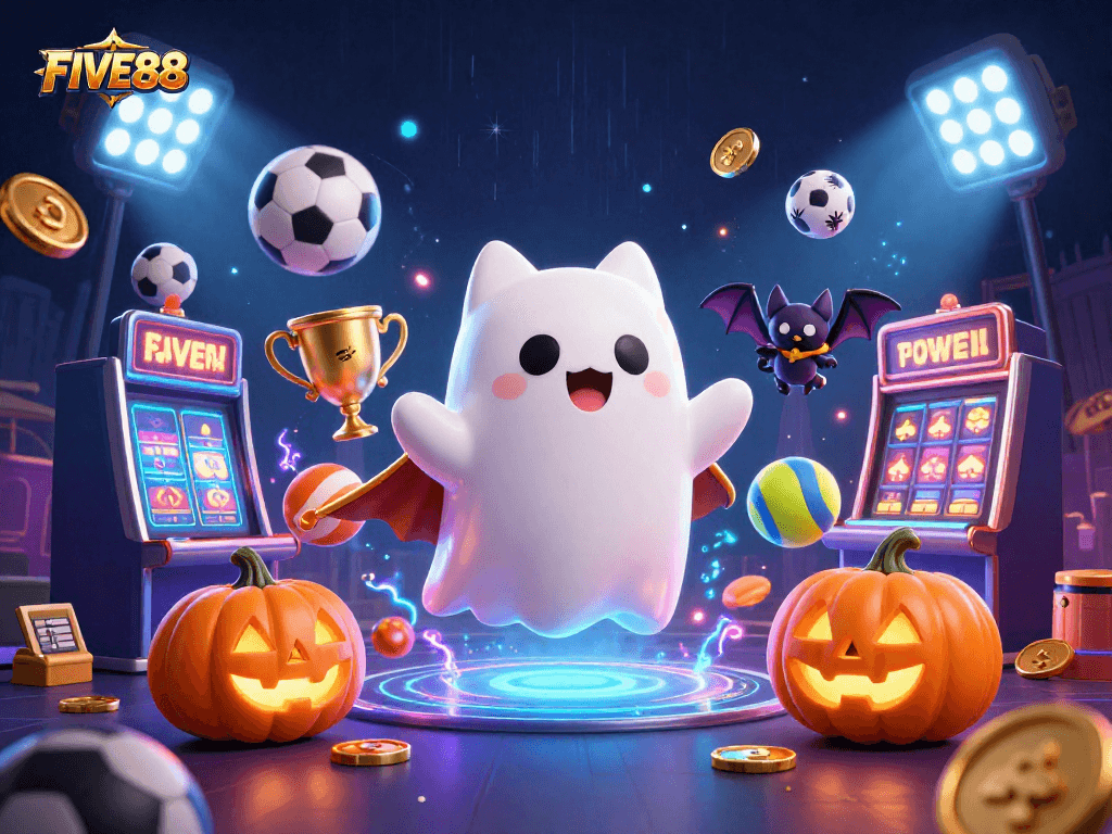 Experience the thrilling atmosphere of FIVE88 with a friendly ghost cat, vampire bat, and glowing jack-o-lanterns in a vibrant casino.