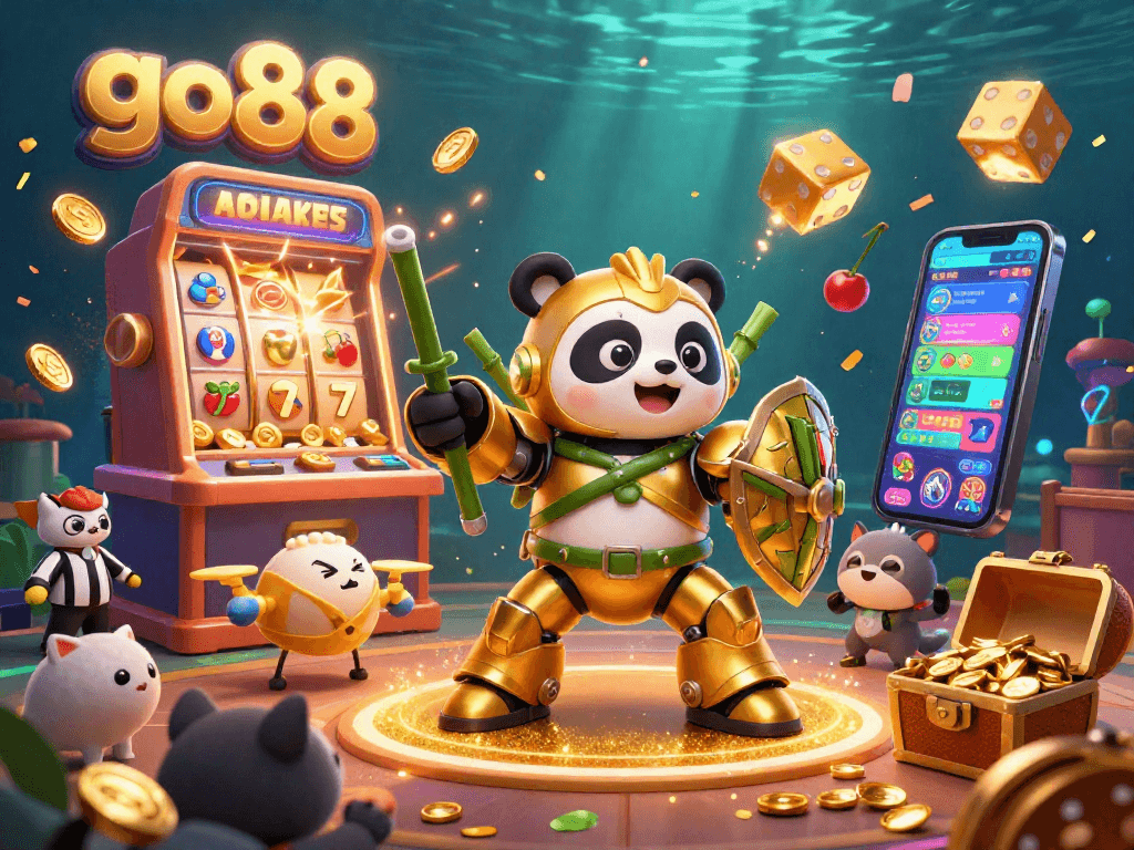 Experience the excitement of go88 with a vibrant 3D casino scene filled with colorful slot machines and cheering characters.
