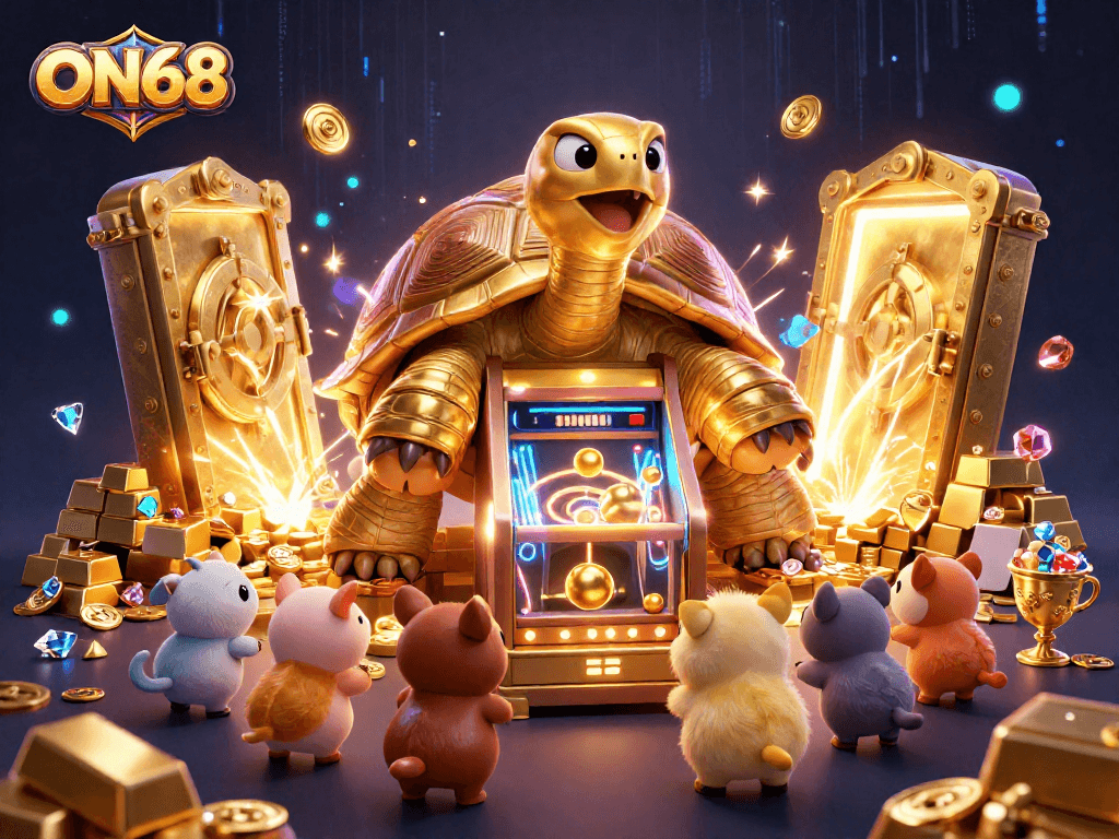 Experience ON68 with an exciting golden tortoise pinball machine and treasures in a dynamic casino scene.