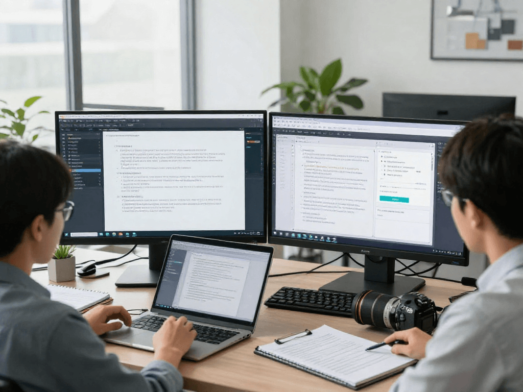 Expert team performing document fraud detection in a modern office, analyzing digital inconsistencies and alerts.