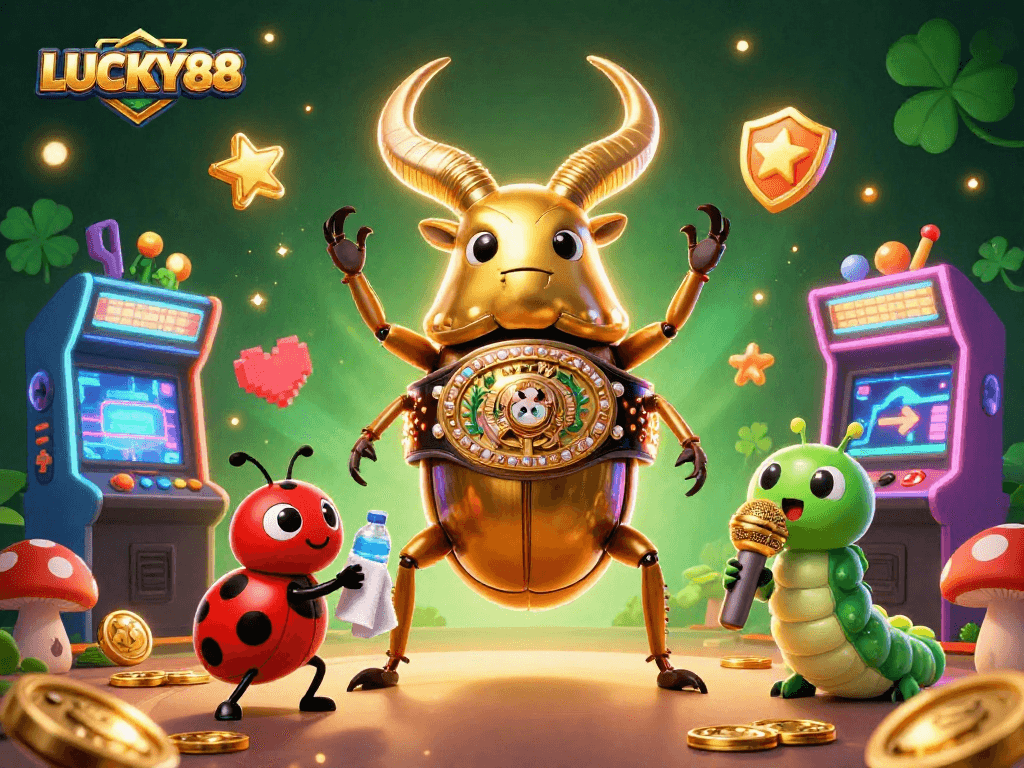 LUCKY88 showcases a vibrant 3D arena with a golden stag beetle and gaming elements.