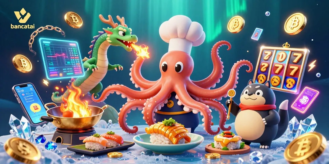 Bancatai showcases an exciting scene with a sushi chef octopus, a dragon, and a tanuki, celebrating crypto gaming.