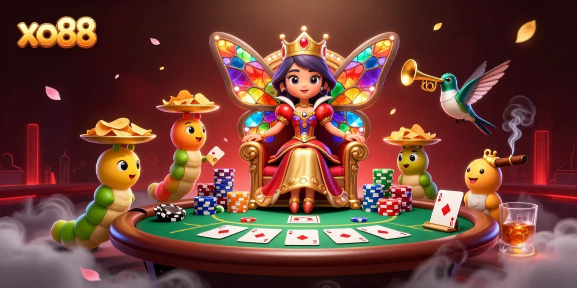 Experience the vibrant world of xo88 with a dynamic poker scene featuring a butterfly queen and colorful chips.