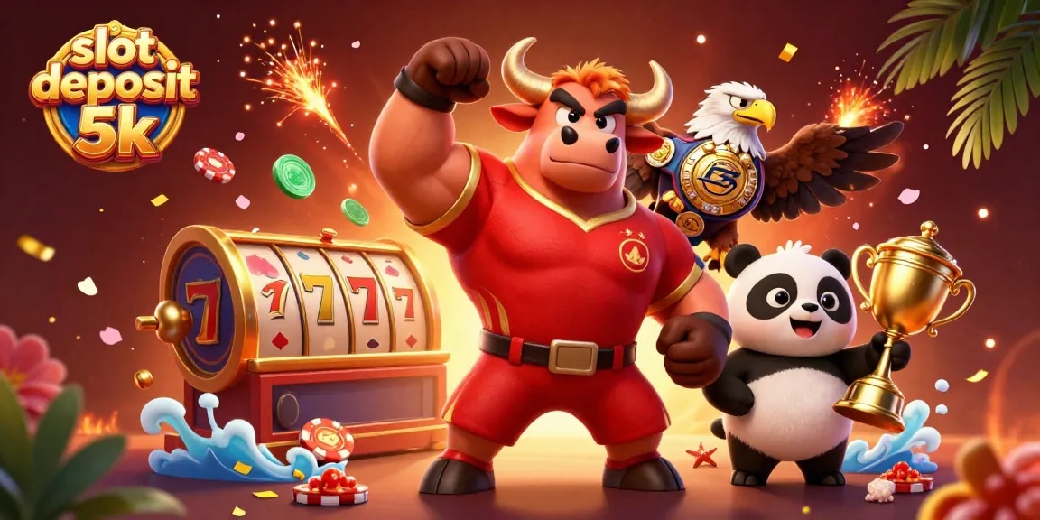 Engage with the excitement of slot deposit 5k through a vibrant 3D illustration, featuring a victorious bull, eagle, and panda.