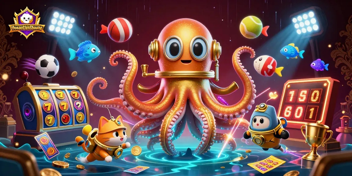 Experience thrilling wins with thosantienthuong, featuring a colossal kraken and diving cat in dynamic gambling scene.