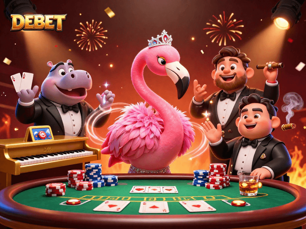 Experience the vibrant casino atmosphere with DEBET's dynamic poker scene featuring colorful chips and lively characters.