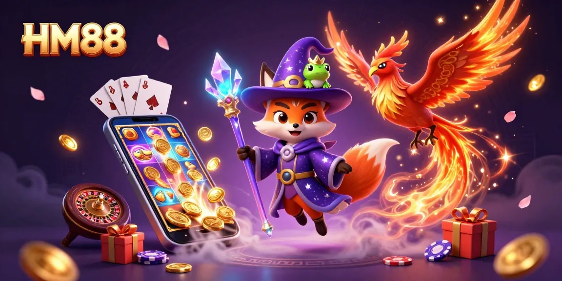 Experience the thrilling world of HM88 with a magical illustration featuring a wizard fox and phoenix.