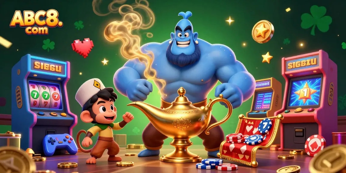Experience the thrilling world of casino magic at ABC8. com with a vibrant 3D illustration featuring slot reels and poker chips.