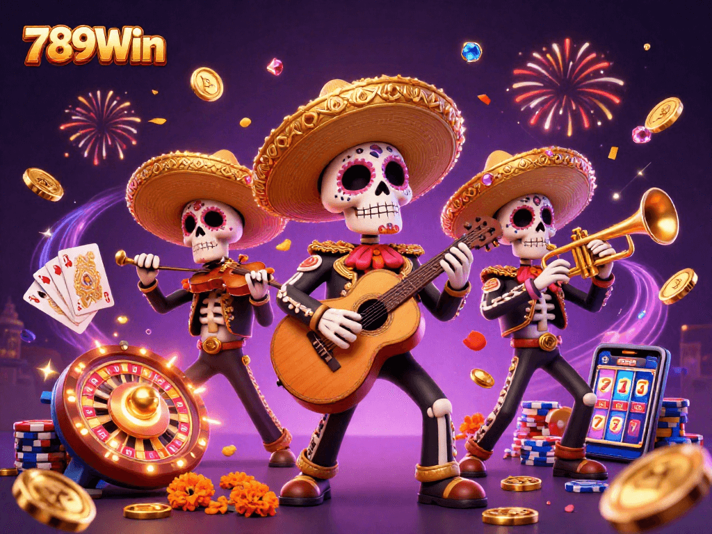 Experience exciting wins with 789Win at a vibrant casino showcased by a mariachi band and festive elements.
