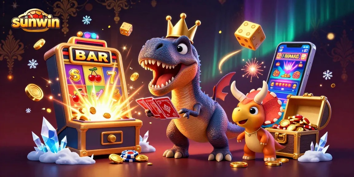 Experience thrilling slot action with sunwin's vibrant T-Rex and colorful casino scene.