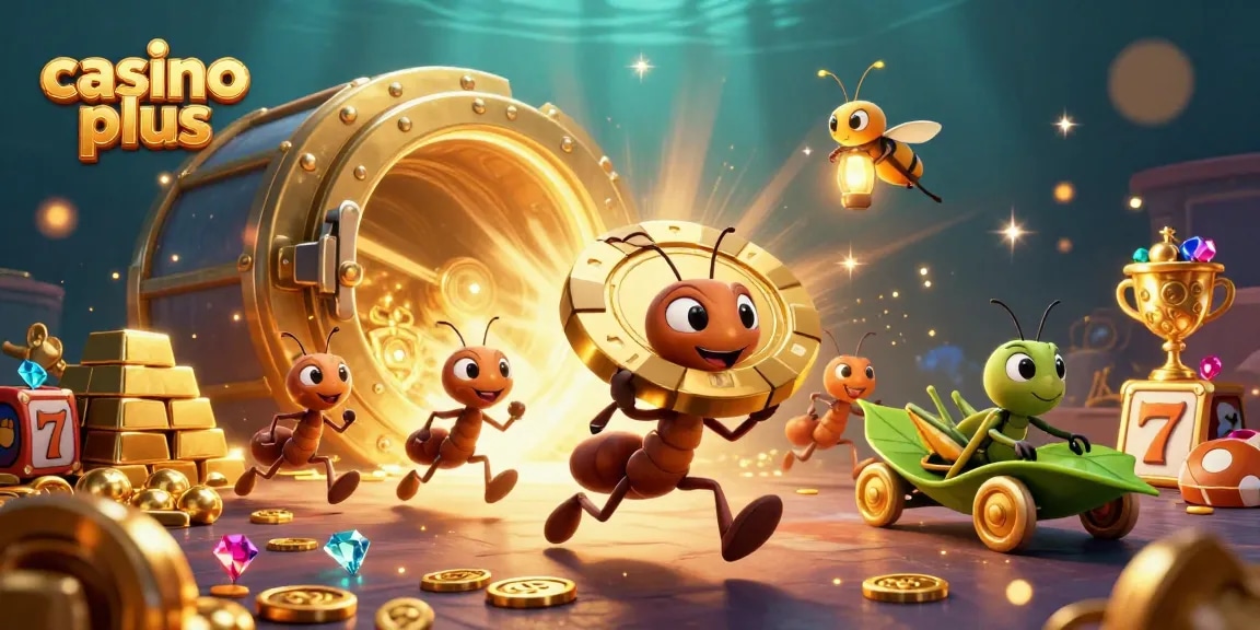 Engaging scene of casino plus with ants heisting a massive poker chip amid dazzling treasures.