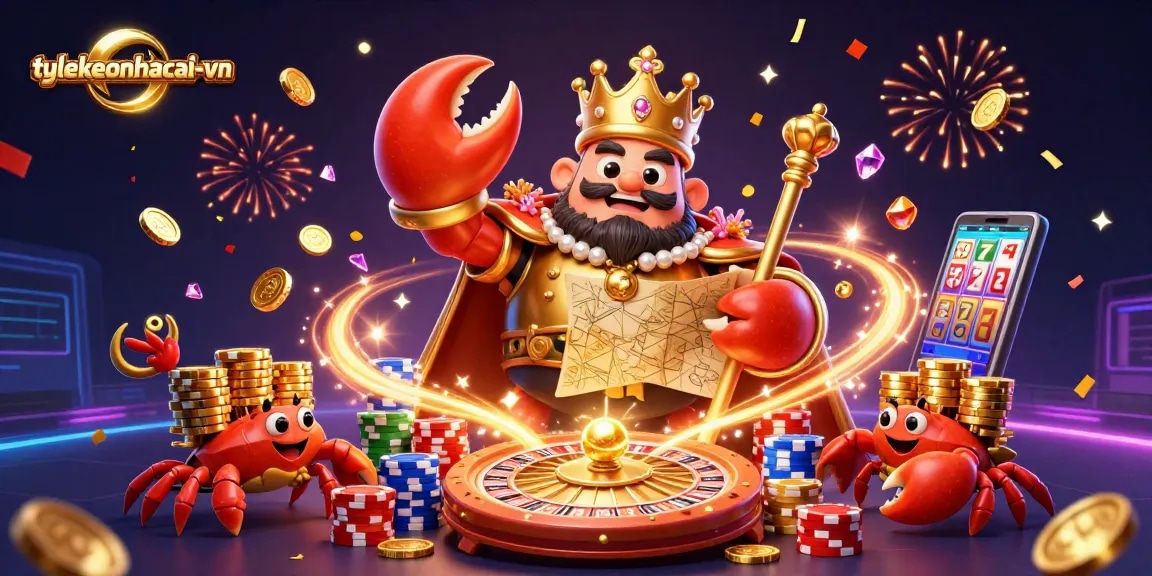 Engage with the thrilling world of tylekeonhacai-vn casino games, featuring a glorious golden crab emperor.