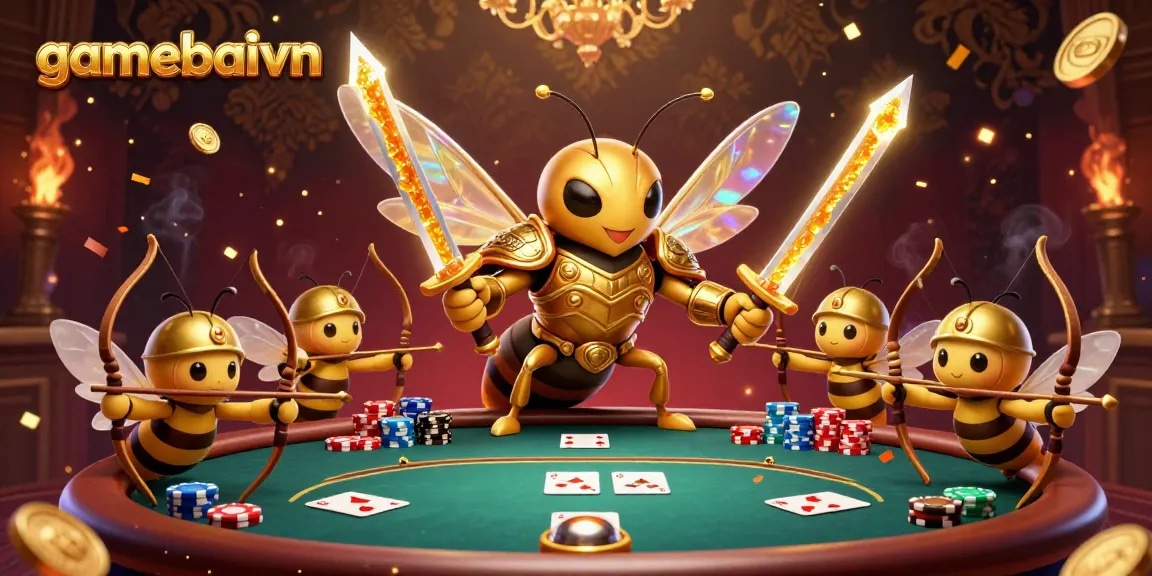 Gamebaivn showcases an exciting poker scene with a golden hornet warrior and vibrant casino elements.