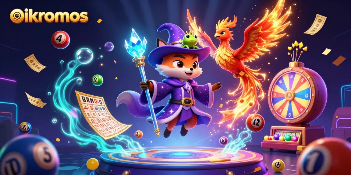 Experience thrilling wins with oikonomos at this vibrant 3D casino illustration, featuring magical characters.