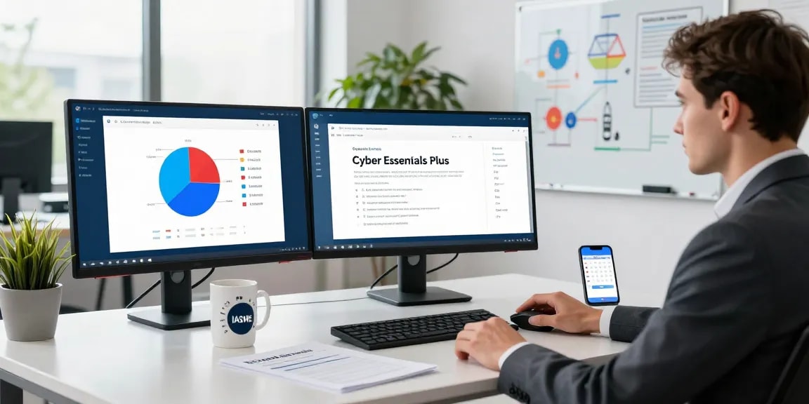 Cyber Essentials Plus cost overview with cybersecurity analyst demonstrating compliance dashboard and audit preparation in a modern office.