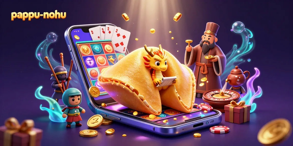 Pappu-nohu showcases an exciting casino experience with a golden fortune cookie and gaming elements.