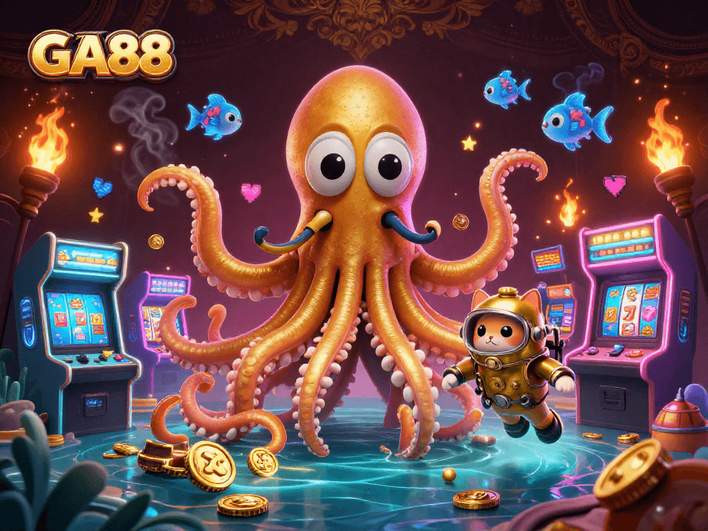 Engage with GA88's dazzling gaming universe featuring a golden kraken and retro arcade effects.