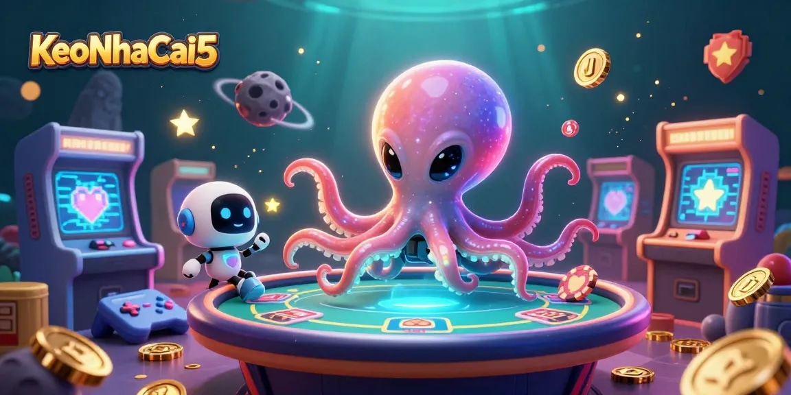 Experience KeoNhaCai5 excitement with a vibrant alien octopus and robot at a holographic poker game