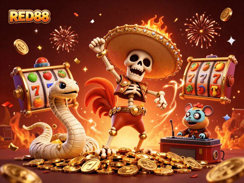Celebrate wins with RED88 in this vibrant 3D casino scene featuring animated characters and slot game elements.