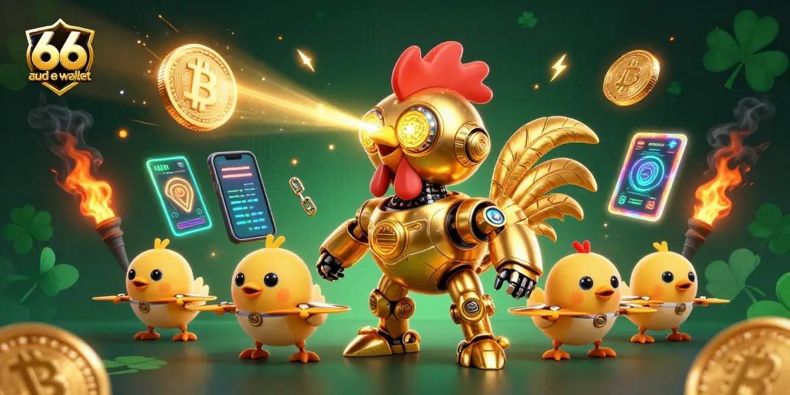 Engage in thrilling gameplay with 66 aud e wallet, featuring a golden rooster robot and cryptocurrency elements.