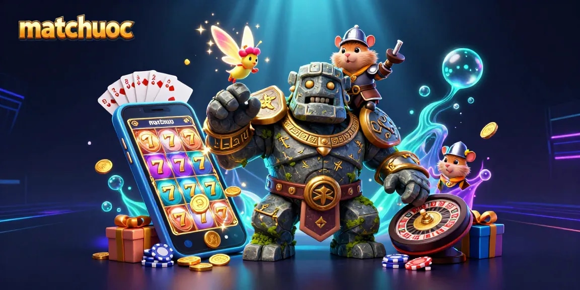 Spin and win with matchuoc: a vibrant 3D illustration of a golem guardian and a hamster knight.