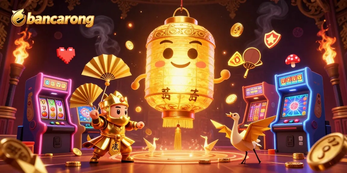 Engage with bancarong's vibrant casino scene featuring a golden lantern spirit, arcade games, and lucky symbols.