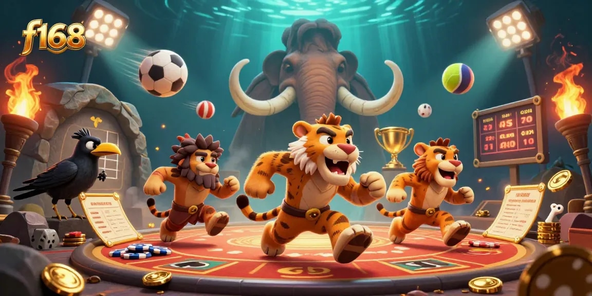 Experience excitement at F168 with a thrilling prehistoric casino scene featuring unique characters and dynamic elements.