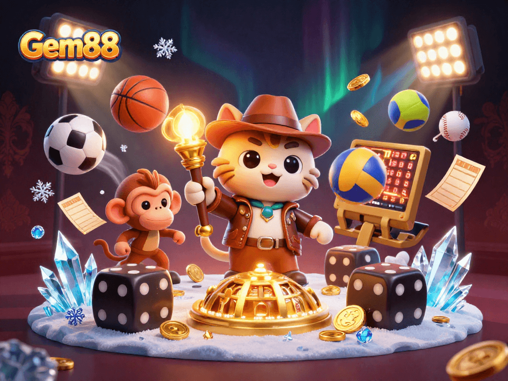 Immerse in Gem88's vibrant casino exploration with a cats and monkeys adventure amidst dynamic sports elements.