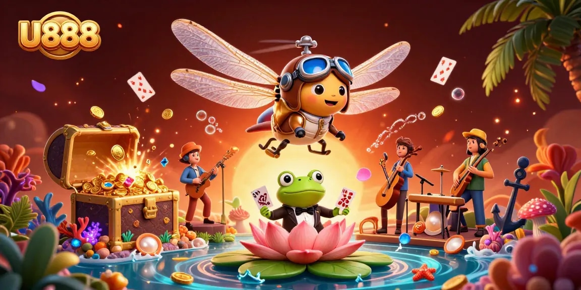 Experience the thrill of U888 with a vibrant casino scene featuring a frog dealer and helicopter pilot.