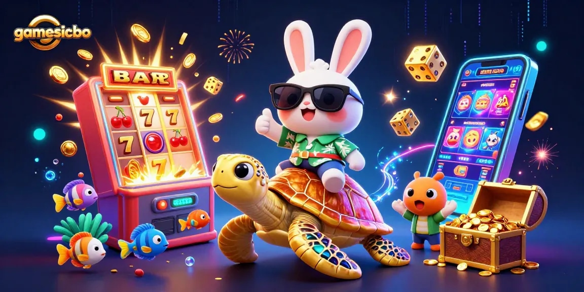 Experience the excitement of gamesicbo with a lucky rabbit and golden sea turtle in a vibrant casino scene.