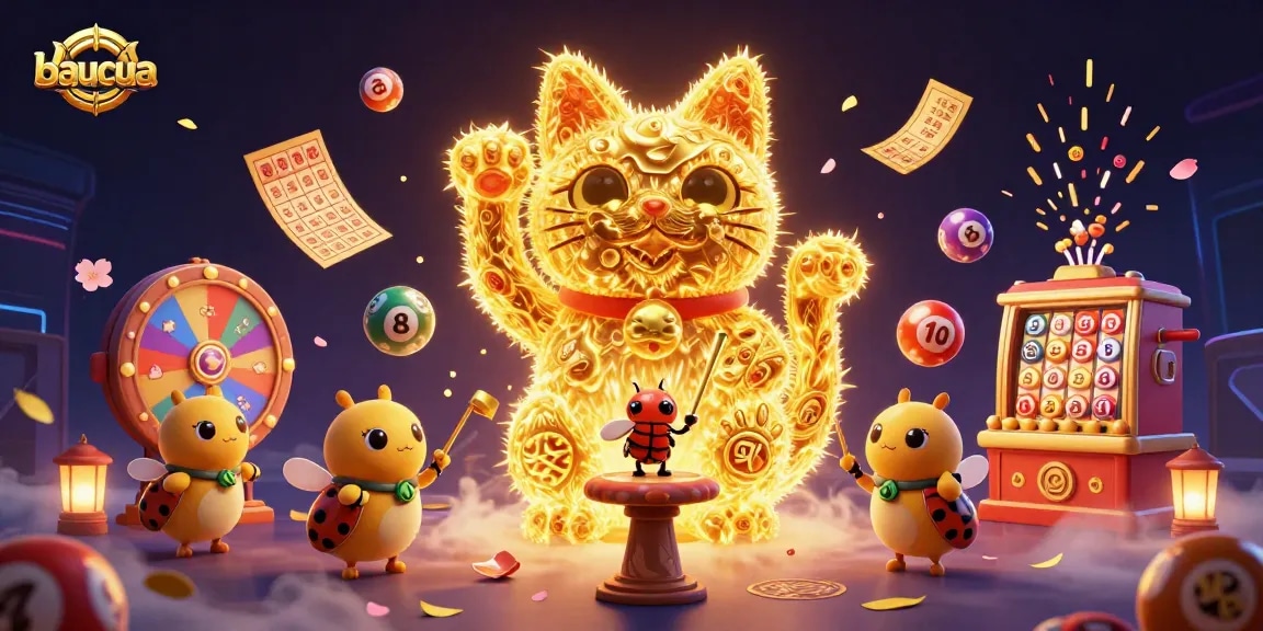 Experience the thrill of baucua with a dynamic, golden lucky cat and vibrant casino symbols.