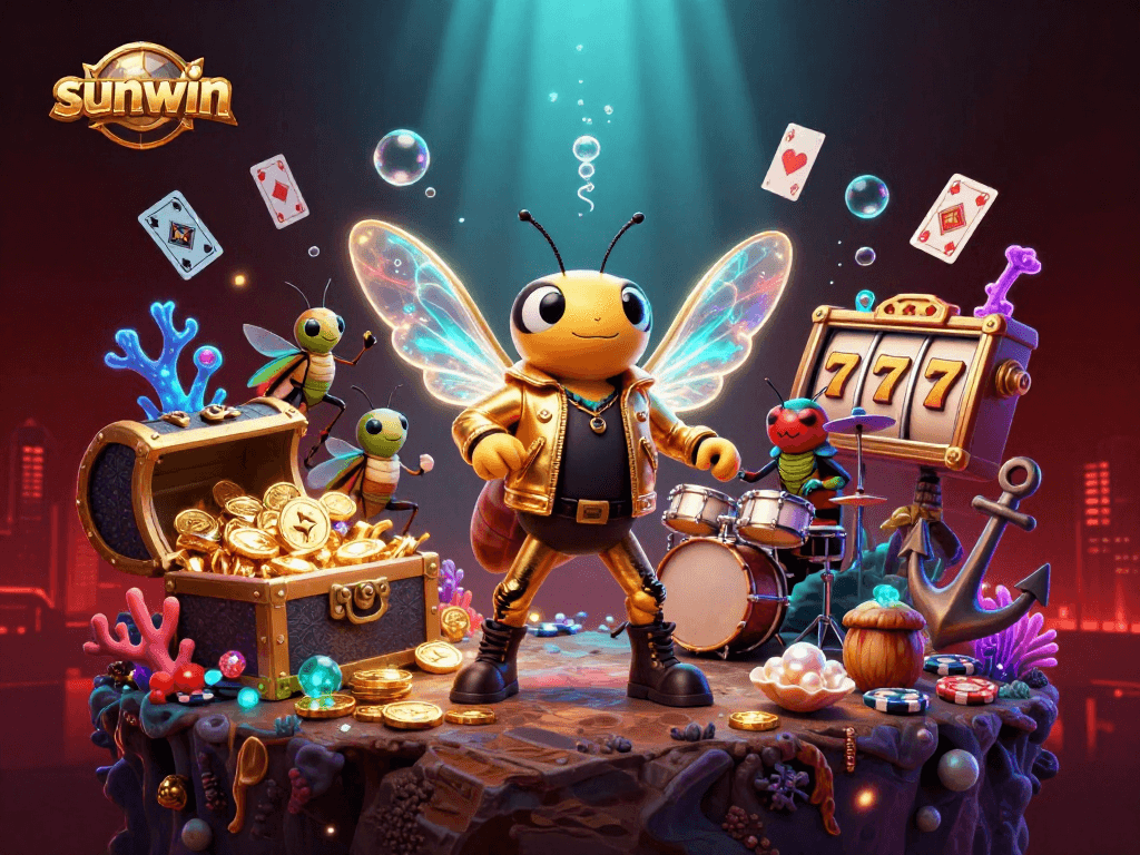 Experience winning moments with sunwin amid vibrant casino elements and a lively band underwater.