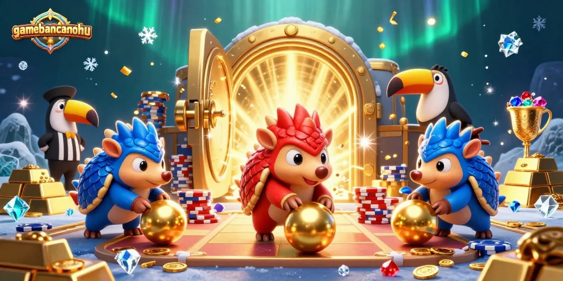 Experience gamebancanohu with vibrant pangolins bowling through sparkling poker chips and golden treasures.