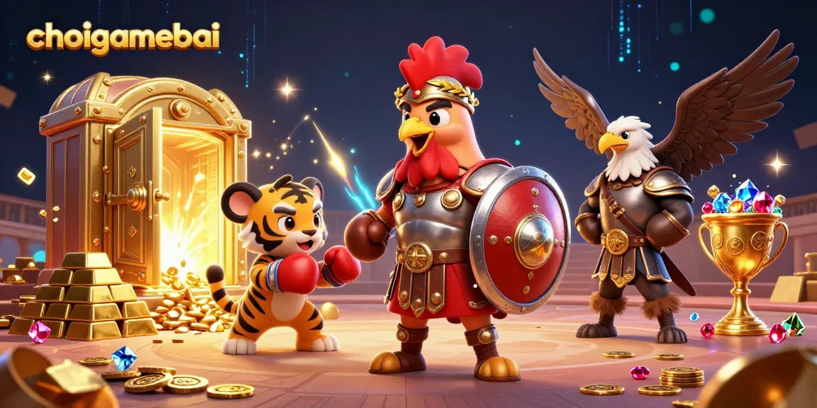Experience thrilling play with choigamebai, featuring a gladiator rooster and treasure in a dynamic 3D illustration.