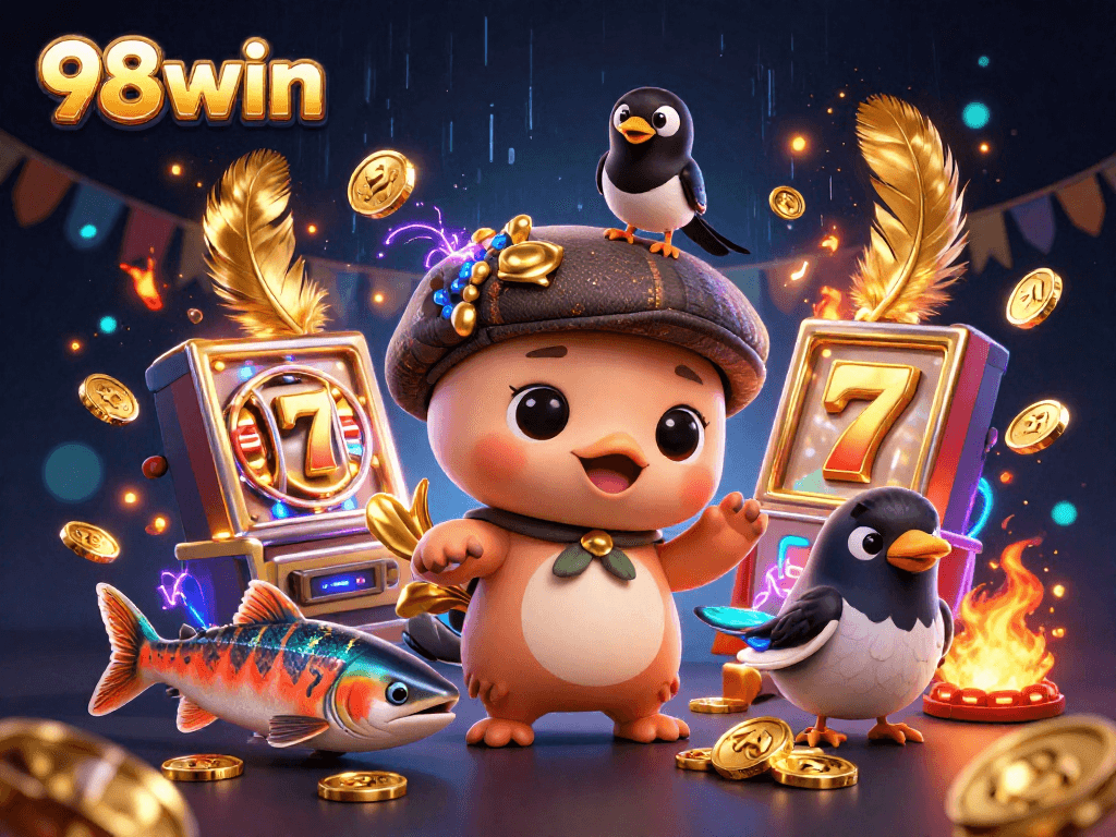 Experience thrilling moments at 98win's vibrant slots scene with playful characters and casino elements.