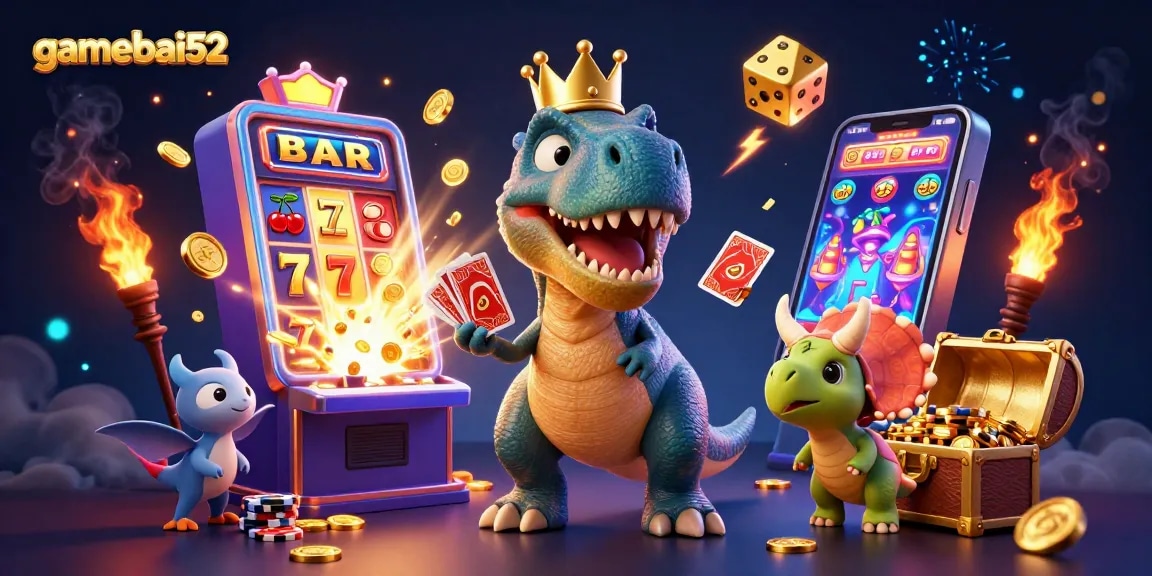 Experience exciting gameplay at gamebai52 with a friendly T-Rex gambling amidst dazzling casino visuals.
