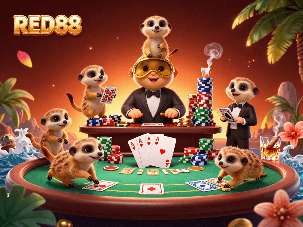 Experience excitement at RED88 with meerkats managing a lively casino scene.
