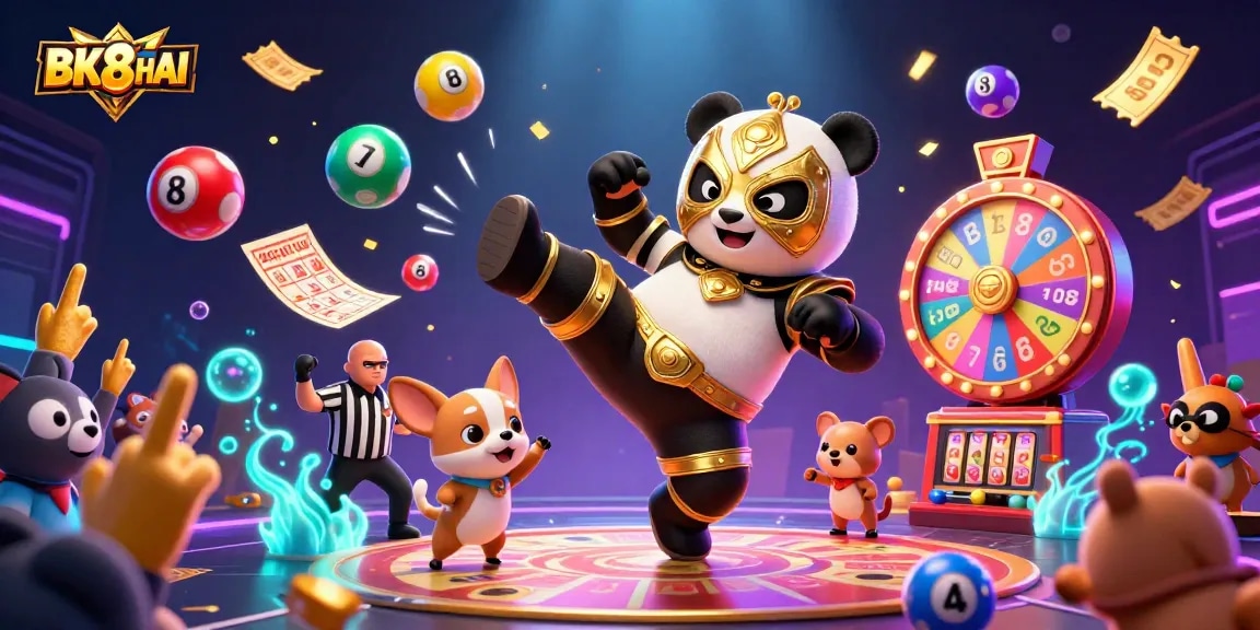 Engage in the thrilling atmosphere of BK8THAI with a lively cartoon scene featuring vibrant gambling elements and animated characters.