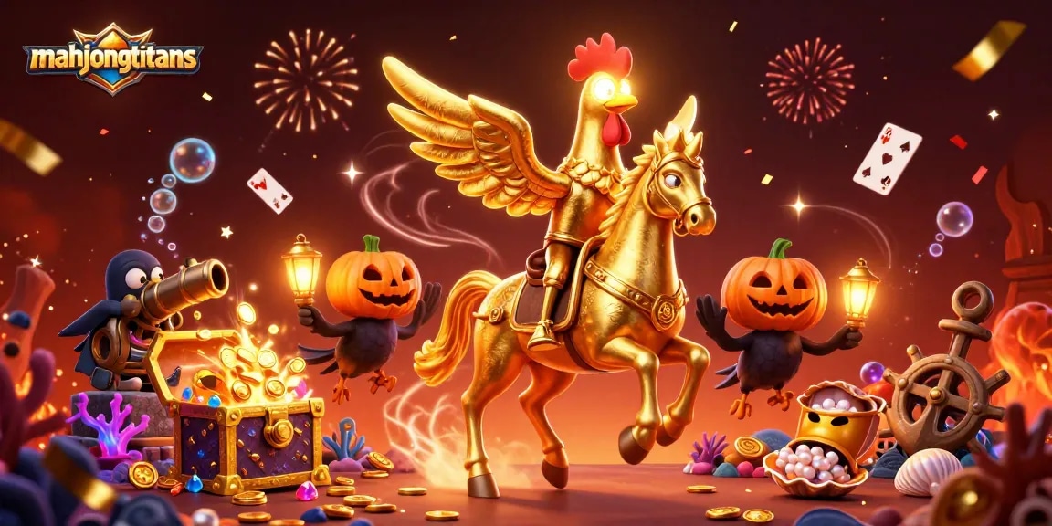 Engage in mahjongtitans gameplay with a golden rooster riding a spectral horse amid casino treasures.