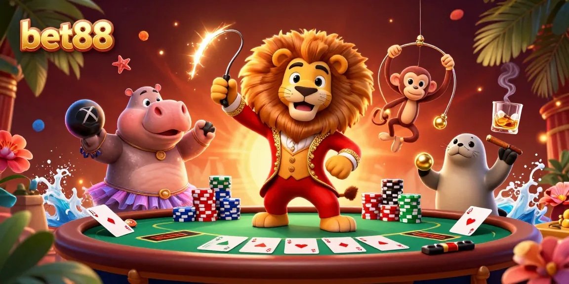 Experience thrilling gameplay at bet88 with a fantastical circus scene full of vibrant characters and poker elements.