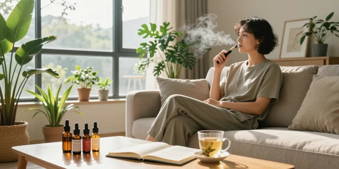 THC vape juice in use with organic CBD oil and wellness products in a natural, relaxing setting