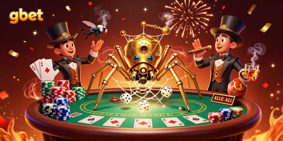 Experience gbet's thrilling casino adventure with a steampunk spider and vibrant poker action.